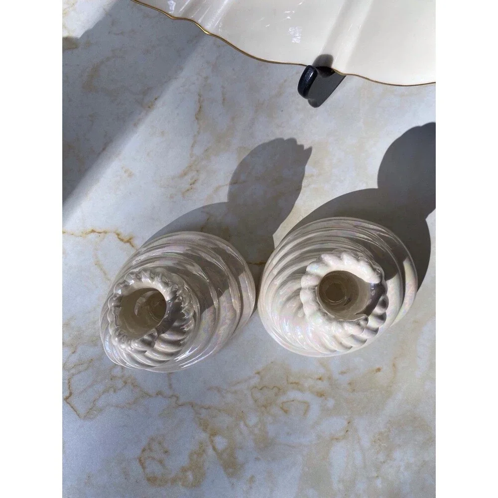 Handmade Etsy ceramic iridescent cream seaside candleholders